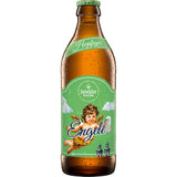 Eine Zwiefalter Klosterbräu Hopfiges Engele 20x 0,33L (MEHRWEG) Flasche mit grünem Engel-Etikett, Tettnanger Hopfen-Noten und sichtbaren Kondenstropfen.