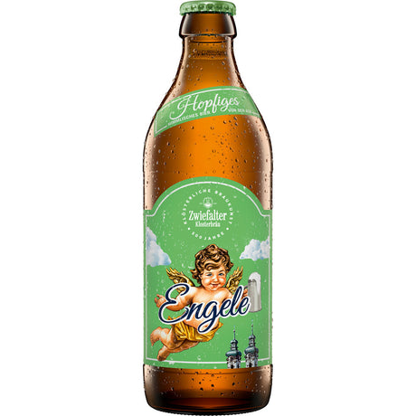 Eine Zwiefalter Klosterbräu Hopfiges Engele 20x 0,33L (MEHRWEG) Flasche mit grünem Engel-Etikett, Tettnanger Hopfen-Noten und sichtbaren Kondenstropfen.