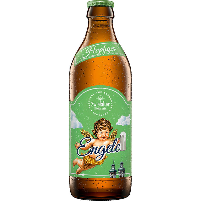 Eine Zwiefalter Klosterbräu Hopfiges Engele 20x 0,33L (MEHRWEG) Flasche mit grünem Engel-Etikett, Tettnanger Hopfen-Noten und sichtbaren Kondenstropfen.
