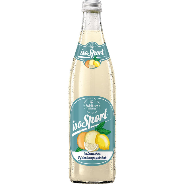 Eine Klarglasflasche von Zwiefalter IsoSport Light (Zitrone und Limette, kalorienarm, isotonisch) Erfrischungsgetränk von Zwiefalter Klosterbräu mit blau-weißer Beschriftung, 0,5L Mehrweg.
