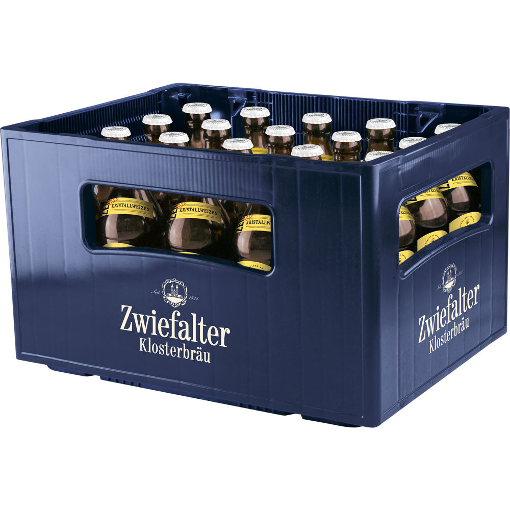 Eine blaue Kiste mit 20 Zwiefalter Klosterbräu Kristallweizen 0,5L Flaschen (Mehrweg) - ein schwäbisches Spezialität Weizenbier.