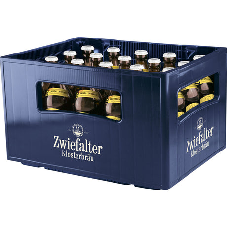 Eine blaue Kiste mit 20 Zwiefalter Klosterbräu Kristallweizen 0,5L Flaschen (Mehrweg) - ein schwäbisches Spezialität Weizenbier.
