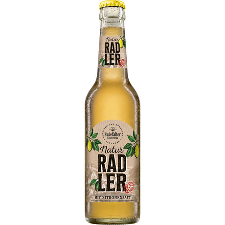 A Zwiefalter Klosterbräu Natur Radler trüb 0,33L Mehrweg-Flasche aus der Schwäbischen Alb, mit naturtrüber Optik, Zitronenmotiv und frischer Kondensation.