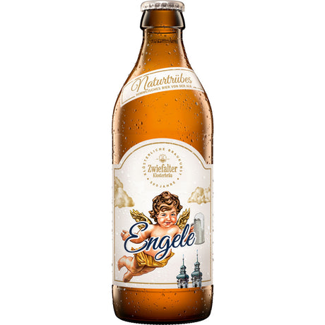 Eine Zwiefalter Klosterbräu Naturtrübes Engele 0,33L Flasche mit einem Cherub und zwei Kirchtürmen auf dem Etikett, die den Stil des unfiltrierten Kellerbiers unterstreichen; erhältlich in einer 20x0,33L Mehrwegkiste.